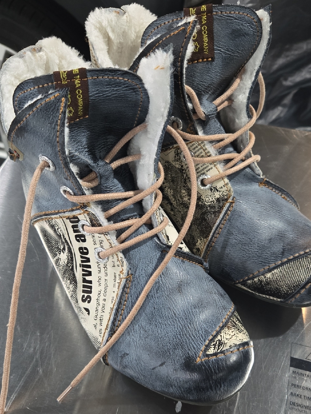 TMA Denim Blue Faux Shearling Ankle Boot with Red Accents